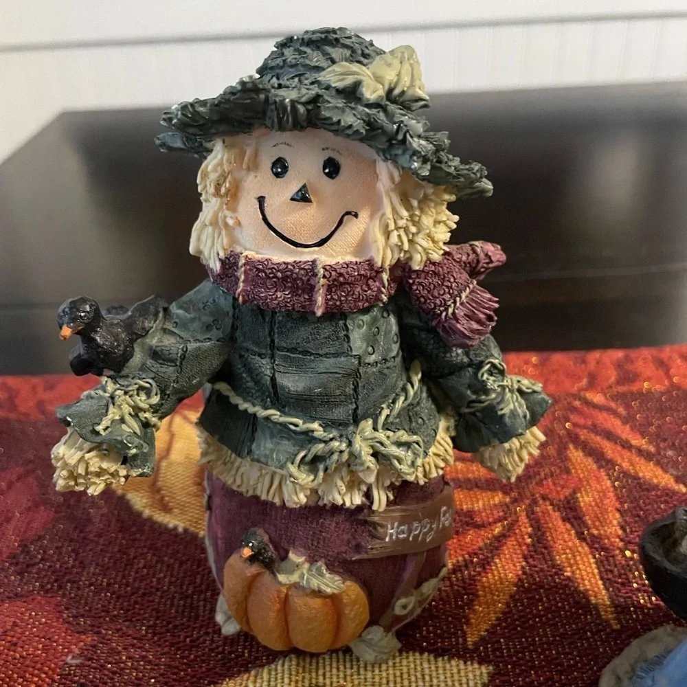 Whimsical Witch & Scarecrow Figurines with fall placemat decor